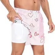 [GuoChe] Men's Swim Shorts Men 2 Layer Workout Shorts Valentine's Day Hearts Flowers Stars Light Pink with Compression Liner, Valentine's Day Hearts Flowers Stars Light Pink, XX-Large
