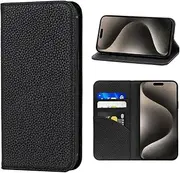 LANJLM iPhone 15 Pro Max Wallet Case Genuine Leather Antimagnetic Card Holder Flip Cover Shockproof iPhone 15 Pro Max Cases - Black