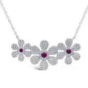 14K White Gold 3 Flower Ruby Diamond Necklace Trio Pendant Rubies Daisy Natural