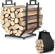 YENGOTH Firewood Rack, Indoor/Outdoor Firewood Holder with Firewood Carrier Bag, Thickened Metal Fireplace Log Holder with Adjustable Feet, Black