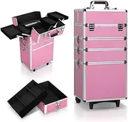 7 In 1 Portable Cosmetics Beauty Case Makeup Box Organiser Trolley Carry Bag with 2 keys (Pink)