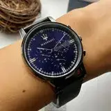 在飛比找遠傳friDay購物優惠-MASERATI42mm圓形黑精鋼錶殼寶藍色錶盤真皮皮革深黑