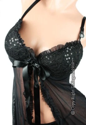 Sexy Woman Black Sheer Lace Sequined Padded Chemise Ribbon Lingerie Babydoll