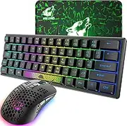 MAGIC-REFINER RK61 60% Gaming Keyboard and Mouse,Rainbow LED Backlit Gaming Keyboard with Wired Mini Portable 2400 DPI Ultralight Gaming Honeycomb Shell Mouse,Mouse Pad for Windows PC Gamers(Black)