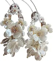 [RYEPOLNIX] Handmade Earrings White Jasmine Flower Beaded Tassel Crystal Dangle Stud Earrings Summer Beach Sweet Cute Cool Girls Party Earrings/721
