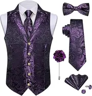 [DiBanGu] Mens Paisley Suit Vest & Tie & Bowtie Set 7PCS Silk Suit Waistcoat and Necktie Pretied Bowtie for Suit or Tuxedo