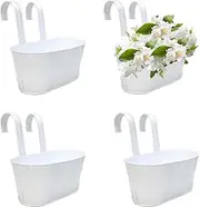 4 Pcs Balcony Railing Planters, Porch Fence Railing Planters, Metal Iron Hanging Flower Pots Fence Planters for Outdoor Plants and Flowers with Detachable Hooks