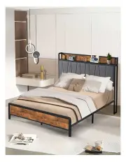 [Levede] Double Metal Wooden Base Bed Frame inGrey