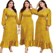 Women Muslim Maxi Dress Floral Print Ruffles Abaya Dubai Kaftan Islamic Caftan