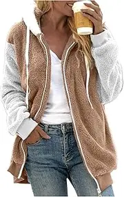 [Generic] Fuzzy Jackets for Women Hood Full Zip Fleece Coats,Color Block Sherpa Jacket Wa