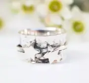 Solid 925 Sterling Silver Handmade Hammered Star Spinner Ring Gift For Women