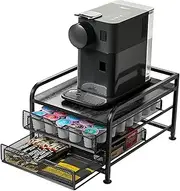 Coffee Pod Drawer for K-Cup & Nespresso Vertuo Pods – 2-Tier Coffee Organizer with Sliding Drawer, Holds 60+ Pods, Heavy Duty Metal Frame, Countertop Coffee Station Storage Rack – Black