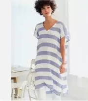 EILEEN FISHER Chambray Blue Stripe Linen Crinkle Gauze TunicTop Dress L/XL G/TG