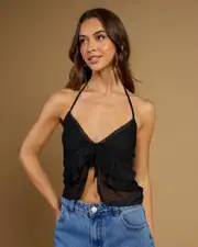 [Mooloola] Mooloola Women's Gabriella Lace Halter Top in Black Size 8 8 Black