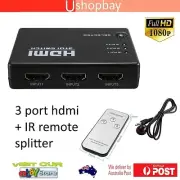 HDMI Splitter 3 Port Switch Switcher Selector Hub + iR Remote Support 1080p 3D