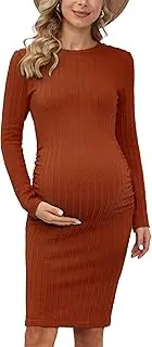 [Rheane] Women's B Shape Side Ruch Knit Ribbed Maternity Bodycon Dress/Midi Dress with Long Sleeves for Daily Wear & Baby Shower