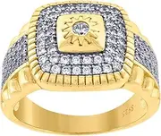 [JewelryWeb] 925 Sterling Silver Yellow tone Mens CZ Simulated Diamond Cluster Square Head Fashion Ring Band Wedding-Band for Men