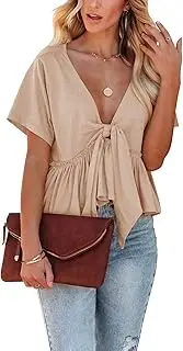 [Fanway&EC] Women's Short Sleeve V Neck Blouses Ruffle Hem Tie Front Crop Tops Lightweight Basic Summer Tops