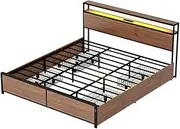 Artiss Brown Metal Bed Frame King Size with 2-Tier Storage Headboard, Metal Platform with 4 Storage Drawers, Built in Charging Station & LED