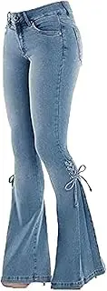 [ELizoop] Women High Waisted Bell Bottom Jeans Plus Size Stretchy Flare Pants Lace Up Skinny Denim Stretch
