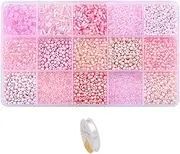 Mix 15 Color Glass Seed Beads .Glass Bugle,Beads Loose Kit for Jewelry Making,DIY Craft Beading,(Mix 15 Color, Pink)