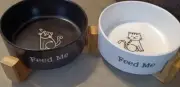 Cat Food Bowls W Wooden Stand Black And White Stoneware NEW
