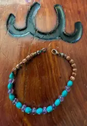 Native American Juniper Ghost Bead Bracelet Amethyst & Turquoise Rice Beads 7.25