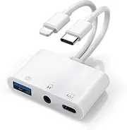VINSPIRE USB C to Lightning to USB Camera Adapter, supports USB + USB C charging + 3.5mm headphone jack, white Lightning + TC interfaces, multifunctional hub, supports high current devices.
