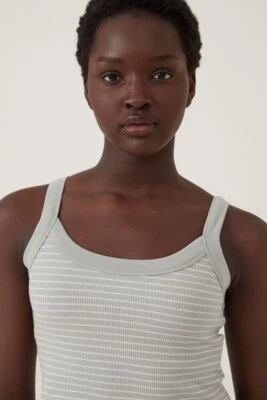 Cotton:On Womens Willa Waffle Cami Chloe Crop Stripe Sage/Porcelain Size L NEW