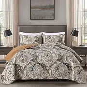 DJY Brown Paisley Quilt Set Queen Boho Bedspread Coverlet Set 3 Pieces, Soft Lightweight Microfiber Paisley Floral Pattern Bedding for All Season, 96"x90"