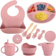 Silicone Baby Feeding Utensils Set Baby Led Weaning Divided Suction Plate and Bowl Silicone Bib Spoon and Fork Sippy Cup and Snack Cup