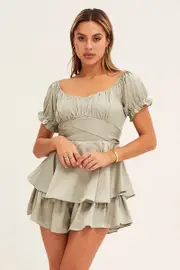 Green Playsuit V Neck Satin - Size 10, Women's Playsuit