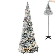 6FT Pre-Lit Flocked Fully Decorated Pull Up Christmas Tree Collapsible Xmas Tree