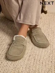 Khaki Green Suede Loafer Mule Slippers with Borg Lining (E69997) | $18