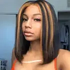 Brown Blonde Highlight Lace Frontal Human Hair Wigs 12inch Bob T part Remy Hair