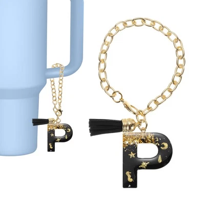 Letter Charm for Stanley Tumbler Initial Keychain with Tassel Letter P Black