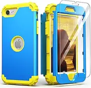 IDweel for iPhone SE 2020/2022 Case with Screen Protector, 3 in 1 Shock Absorption Slim Fit Heavy Duty Hard PC Cover Soft Silicone Bumper Full Body Sturdy Case, Sky Blue/Yellow