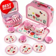15PCS Pink Tea Set, Tin, Teapot, Cups, Princess Toy, Carry Case
