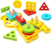 Montessori Toys for 1 2 3 4 Year Old Boy Girl, Sensory Wooden Sorting and Stacking Toy for Toddlers 1-3, Educational Learning Toy for Baby, Color Recognition Shape Sorter Toddler Toys Age 1-2