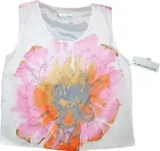 Caroline Rose Chiffon Pink Coral White Floral Sleeveless Shell Tank Top M