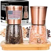 Premium Salt and Pepper Grinder Set - Best Copper Stainless Steel Mill for Home Chef Magnetic Lids Smooth Ceramic Spice Grinders with Easy Adjustable Coarseness Top Salt and Pepper Shakers - 6 Oz