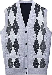 [SWJGLITTR] Mens Argyle Knitwear Vest Knit Button Down Men Cardigan Vest Wool Blend Sleeveless Cardigans, Light Gray, Medium