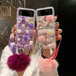 SAMSUNG 三星 GALAXY Z FLIP 5 4 3 閃光鑽石手機殼帶掛繩的奢華時尚 BLING 水鑽花朵折疊手