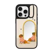 iPhone 16 Pro Mirror Ring Stand Case MagSafe Compatible Checkered Dachshund Mirror