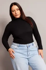 Black Top Long Sleeve High Neck Textured Jersey
