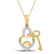 10k Yellow Gold Round Diamond Heart Lock Key Dangle Pendant 1/10 Cttw