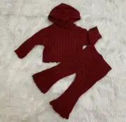 girl burgundy hooded top flare pants set 12-18m