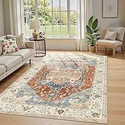 120x160cm Machine Washable Area Rug for Living Room and Bedroom Non-Slip Vintage Boho Faux Cashmere Carpet Indoor Large Durable Soft Floor Mat Low Pile Rugs with Anti-Slip Backing - Home Decor