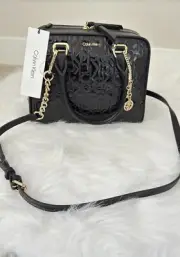 Calvin Klein NWT- Monogram Black Handbag. Gold Chain, Leather, Shoulder Strap.
