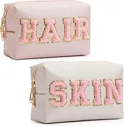 HBselect Preppy Makeup Bag Patch Cosmetic Bag Chenille Letter Toiletry Bag for Women Stylish Waterproof Portable Skin Bag for Women Girls Travel Daily Use, Shell Gold, Golden Pink, Skin, Hair, Make Up